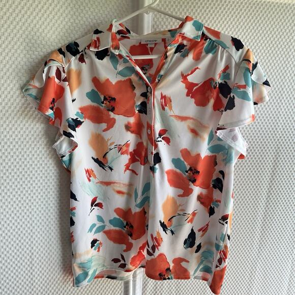 Chico’s Zenergy Floral Flutter Sleeve Top Red Lacquer Size 2 US Large Current - Picture 1 of 6